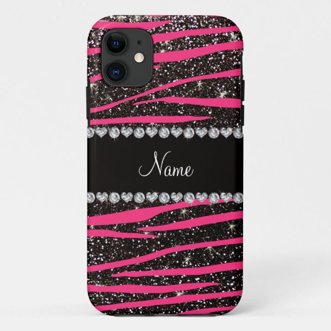 Custom name hot pink zebra stripes black glitter Case-Mate iPhone case (Back)