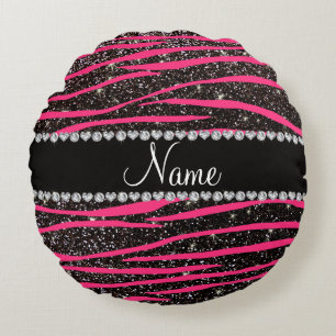 Custom name hot pink zebra stripes black glitter round pillow