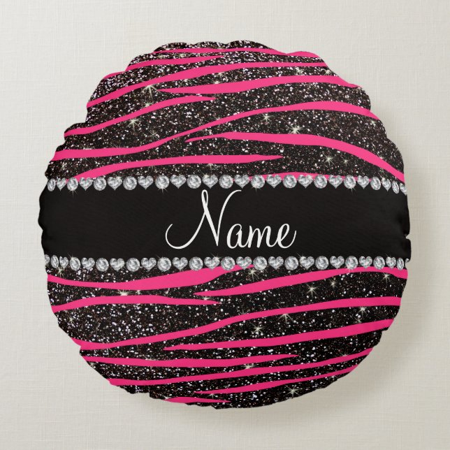 Custom name hot pink zebra stripes black glitter round pillow (Front)