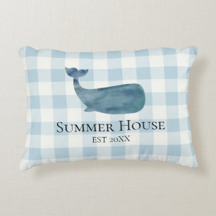 Custom Name House Whale Gingham Check Coastal Accent Pillow
