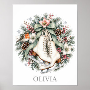 Custom Name Ice Skates Watercolor Nursery Art Poster