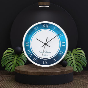 Custom Name & Image Crystallized Blue Background Clock