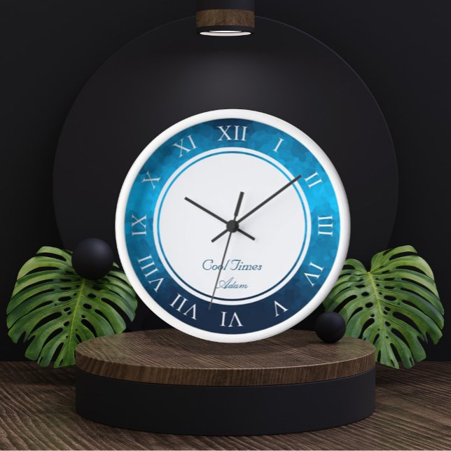 Custom Name & Image Crystallized Blue Background Clock (Custom Name & Image Crystallized Blue Background Clock by Looly Elzayat)