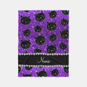 Custom name indigo purple glitter black cat faces fleece blanket