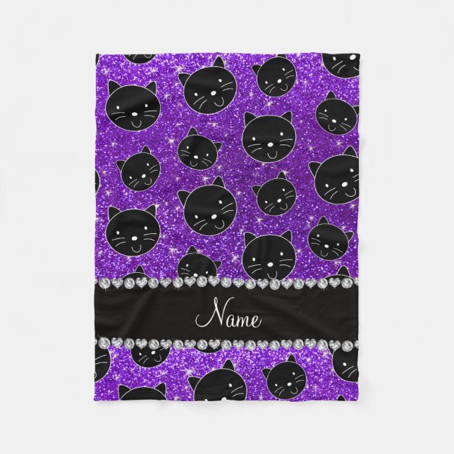 Custom name indigo purple glitter black cat faces fleece blanket (Front)