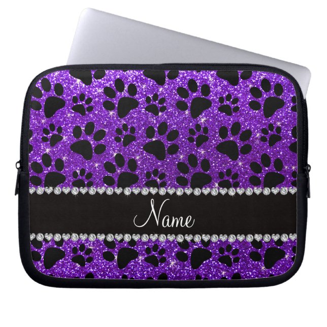 Custom name indigo purple glitter black dog paws laptop sleeve (Front)