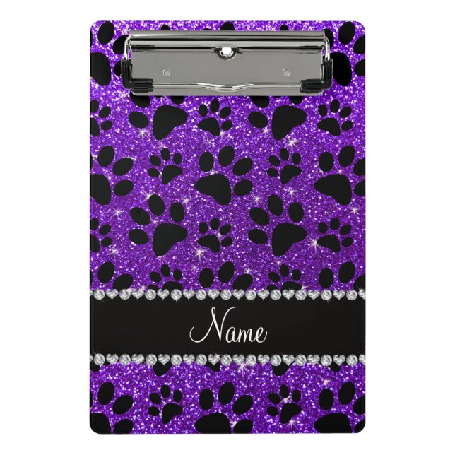 Custom name indigo purple glitter black dog paws mini clipboard (Front)