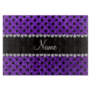 Custom name indigo purple glitter black polka dots cutting board