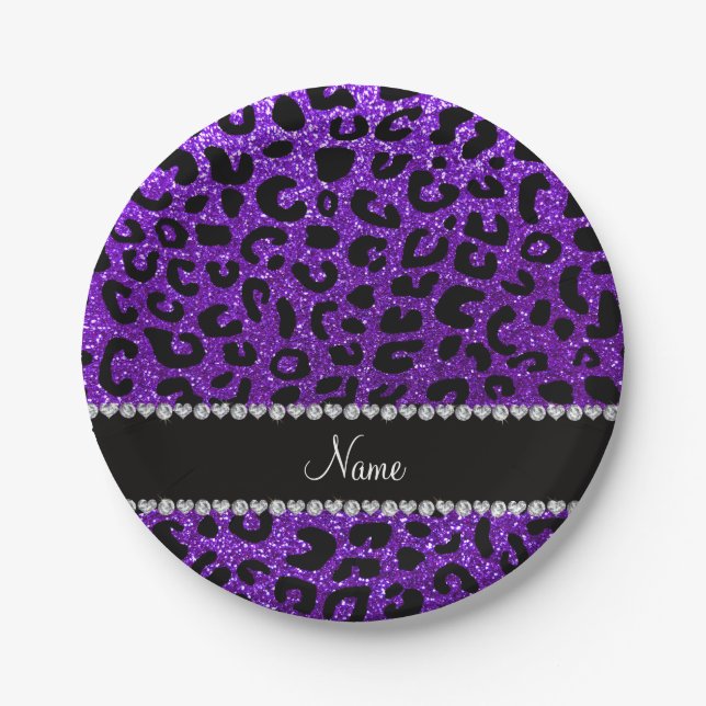 Custom name indigo purple glitter cheetah print paper plate (Front)