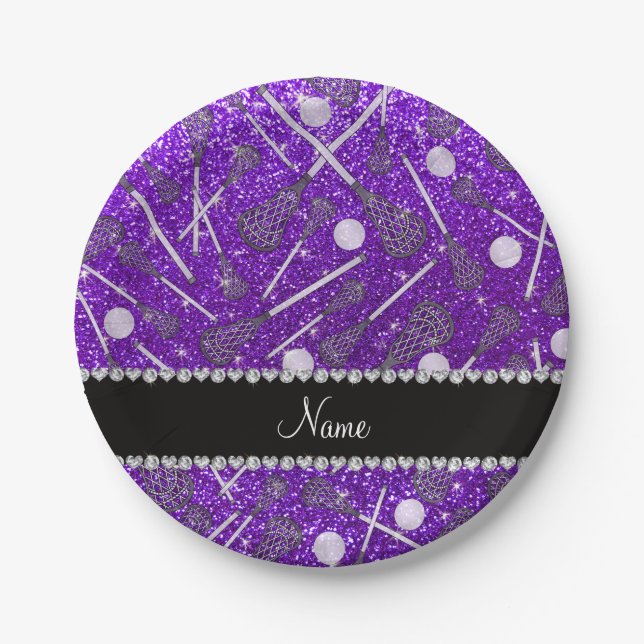 Custom name indigo purple glitter lacrosse sticks paper plate (Front)