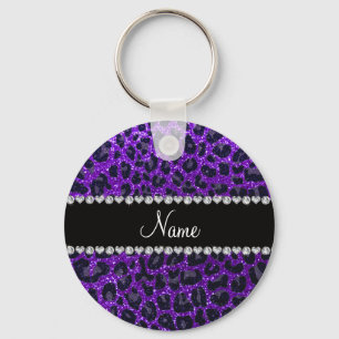 Custom name indigo purple glitter leopard print keychain