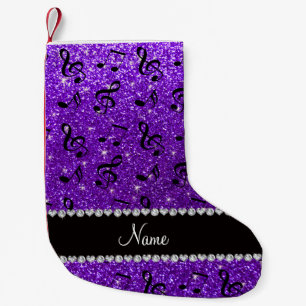Custom name indigo purple glitter music notes small christmas stocking