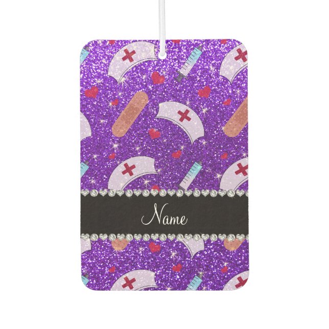 Custom name indigo purple glitter nurse hats heart air freshener (Front)