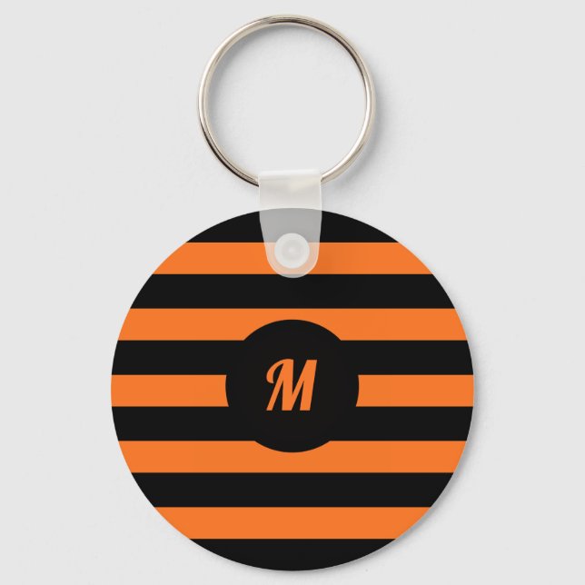 Custom Name Initial Black & Orange Stripes Keychain (Front)