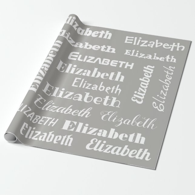 Custom Name Initial Monogram Grey White Gift Wrapping Paper (Unrolled)