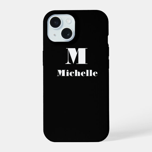 Custom Name Initial Solid Colour Black iPhone 15 Case (Back)