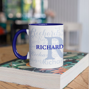 custom name + initials personalized monogram blue mug