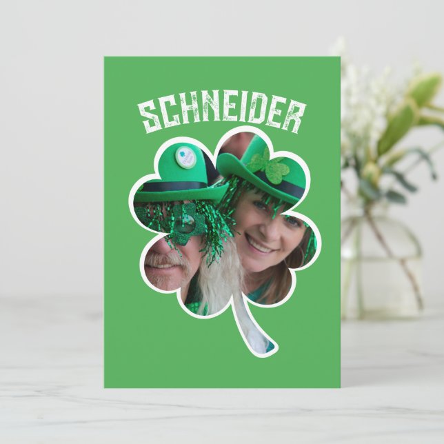 Custom Name Irish clover photo St Patricks Day Holiday Card (Standing Front)