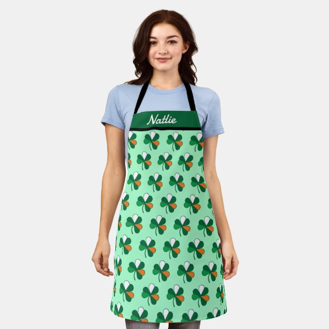 Custom Name Irish Flag Colours Irish Shamrock Apron (Worn)