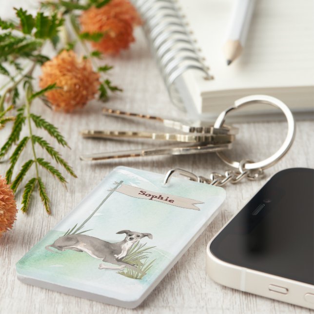 Custom Name Italian Greyhound Pet Dog Keychain (Front Right)
