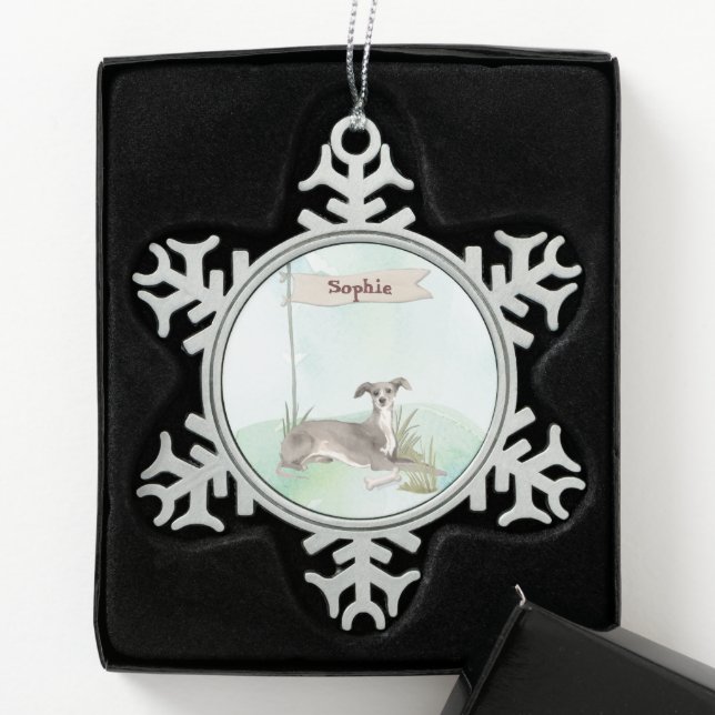 Custom Name Italian Greyhound Pet Dog Snowflake Pewter Christmas Ornament (Box)
