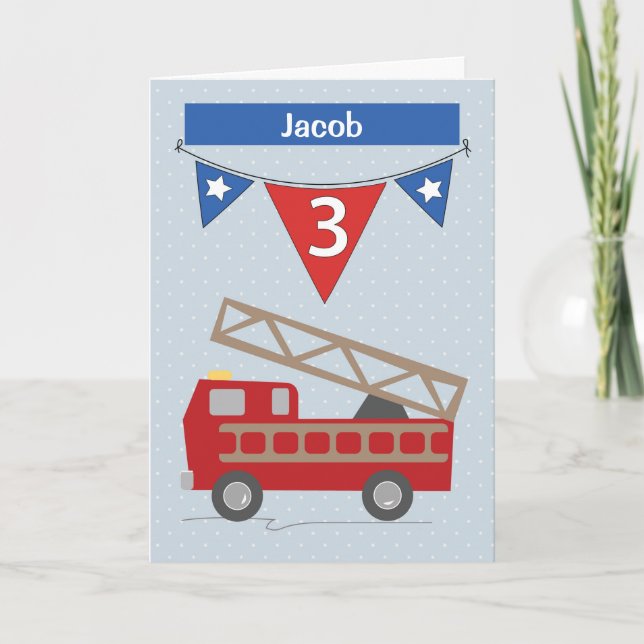 Custom Name Jacob 3rd Birthday Firetruck Card (Front)