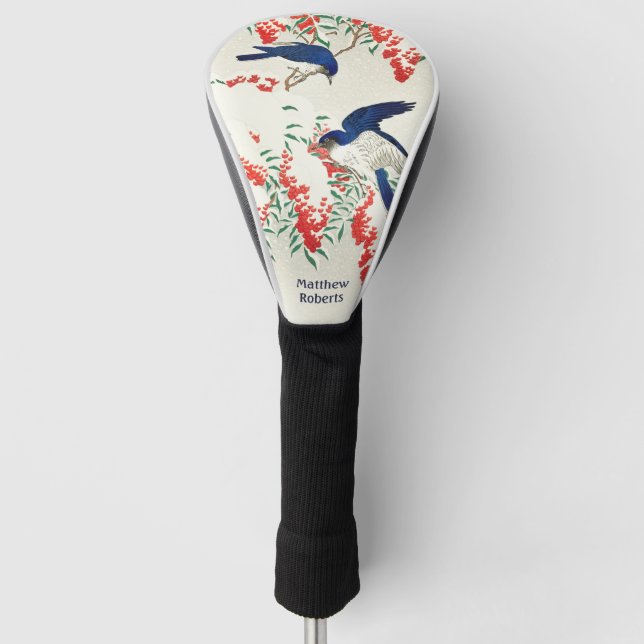 Custom Name Japanese Woodblock Blue Birds Golf Head Cover (Front)