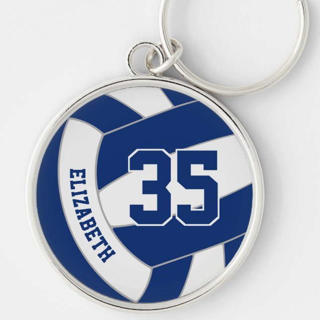 custom name jersey number on blue white volleyball keychain (Front)