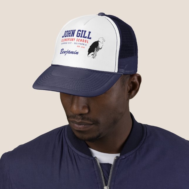 Custom Name John Gill Eagle Blue Trucker Hat (In Situ)