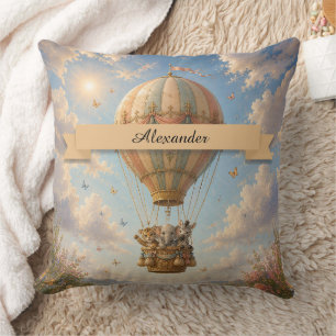 Custom Name Jungle Animals Hot Air Balloon Throw Pillow