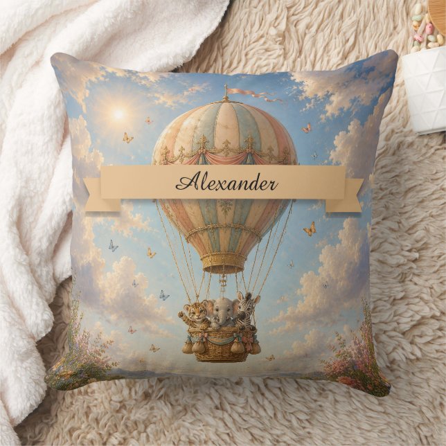 Custom Name Jungle Animals Hot Air Balloon Throw Pillow (Blanket)