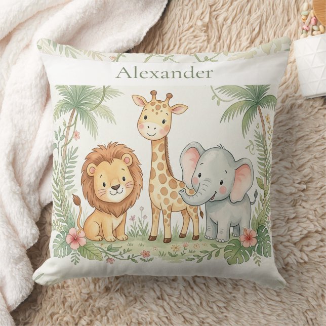 Custom Name Jungle Animals Throw Pillow (Blanket)