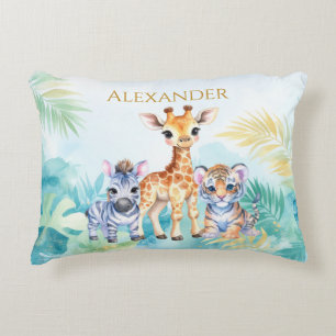Custom Name Jungle Baby Zebra Giraffe and Tiger Accent Pillow