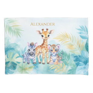 Custom Name Jungle Baby Zebra Giraffe and Tiger Pillowcase