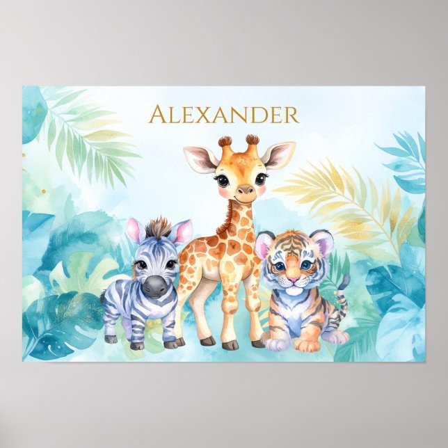 Custom Name Jungle Baby Zebra Giraffe and Tiger Poster (Front)