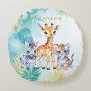 Custom Name Jungle Baby Zebra Giraffe and Tiger Round Pillow