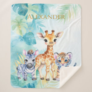 Custom Name Jungle Baby Zebra Giraffe and Tiger Sherpa Blanket