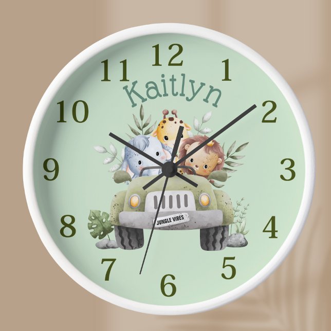 Custom Name Jungle Safari Animals Green Clock (Creator Uploaded)