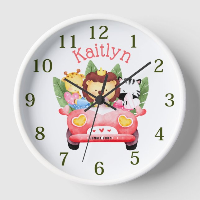 Custom Name Jungle Safari Animals Pink White Clock (Front)