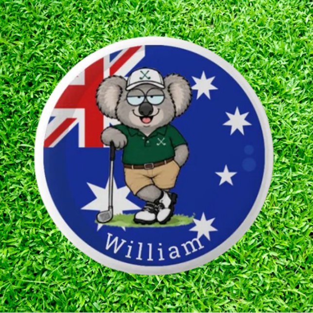  Custom Name Koala golfer 2 Inch Round Button (conversation piece for golf lovers of all ages)