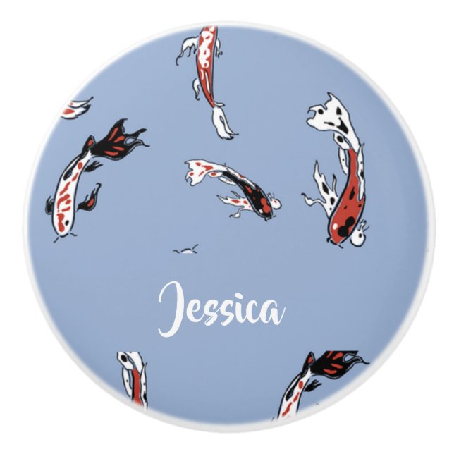 Custom name koi fish blue ceramic knob (Front)