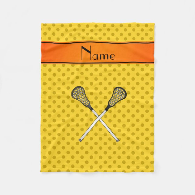 Custom name lacrosse sticks yellow polka dots fleece blanket (Front)