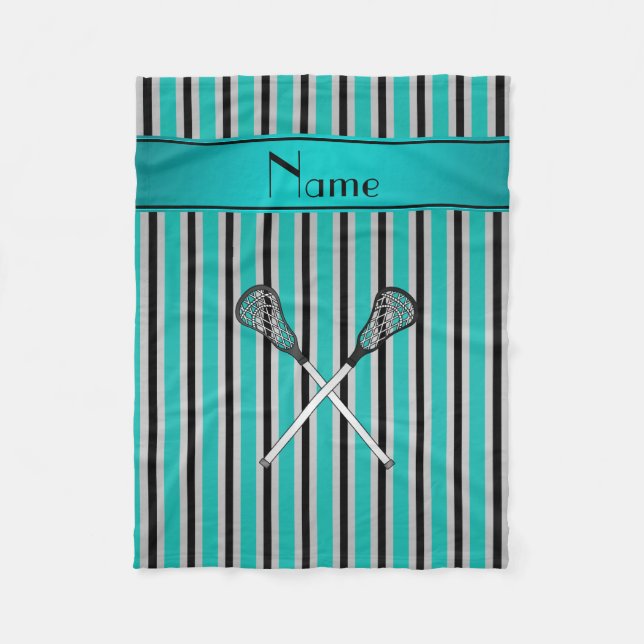 Custom name lacrosse turquoise silver stripes fleece blanket (Front)
