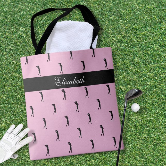 Custom Name Lady Golfer Pink Black  Tote Bag (Lady Golfer Customized Name Pattern Pink Black Tote Bag)