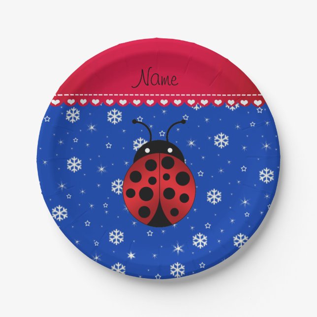 Custom name ladybug blue snowflakes red stripe paper plate (Front)
