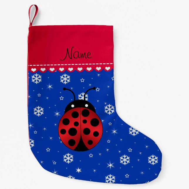 Custom name ladybug blue snowflakes red stripe small christmas stocking (Front)