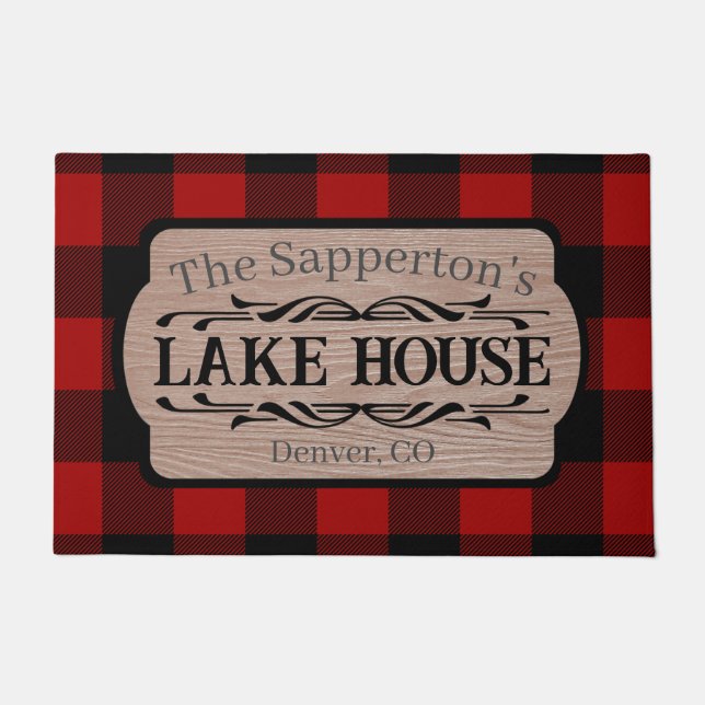 Custom Name Lake House Rustic Plaid Doormat (Front)