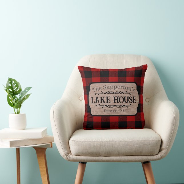 Custom Name Lake House Rustic Plaid Throw Pillow (Chair)