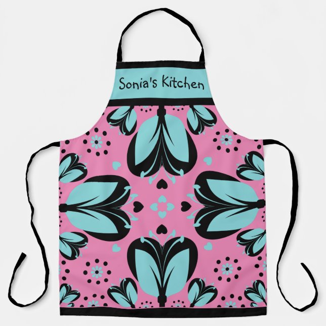 Custom Name Large Print Modern Floral  Apron (Front)