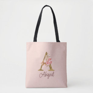 Custom Name Letter A Gold Foil Blush Pink Roses Tote Bag